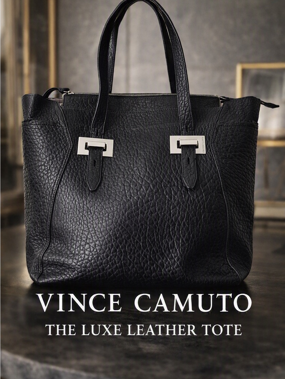 Vince Camuto Luxe Black Pebbled Leather Tote Silver Hardware Satchel Purse Bag